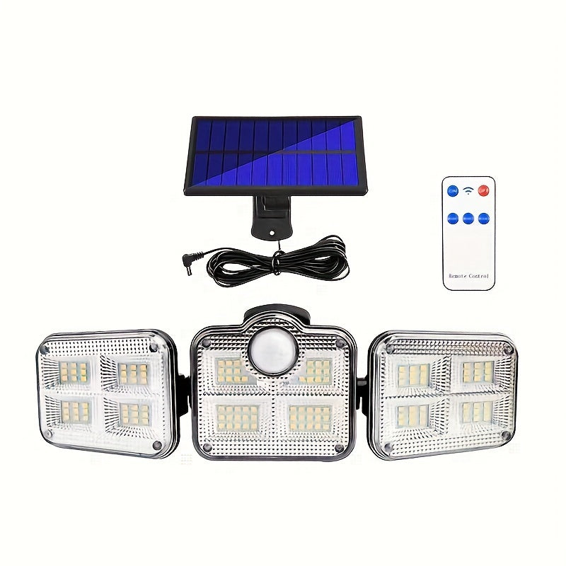 Solar Security Light with Motion Sensor - 3 Head 122 LED Adjustable Light, Semi-Recessed Plastic Wall Sconce, Remote Control, Solar Powered 2400mAh Li-Ion Battery, Non-Removable Photovoltaic Panel - Includes Light Source.