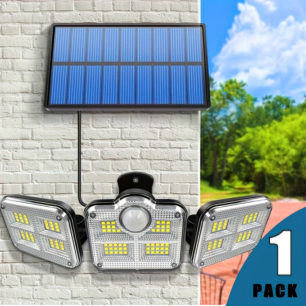 Solar Security Light with Motion Sensor - 3 Head 122 LED Adjustable Light, Semi-Recessed Plastic Wall Sconce, Remote Control, Solar Powered 2400mAh Li-Ion Battery, Non-Removable Photovoltaic Panel - Includes Light Source.