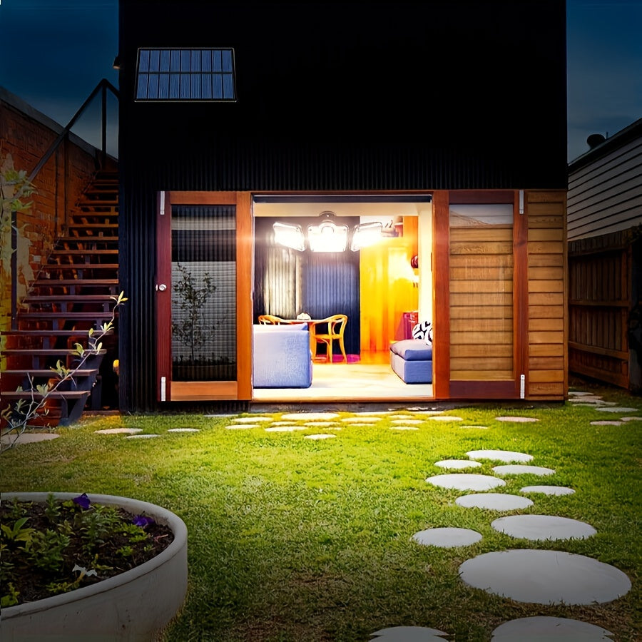 Solar Security Light with Motion Sensor - 3 Head 122 LED Adjustable Light, Semi-Recessed Plastic Wall Sconce, Remote Control, Solar Powered 2400mAh Li-Ion Battery, Non-Removable Photovoltaic Panel - Includes Light Source.