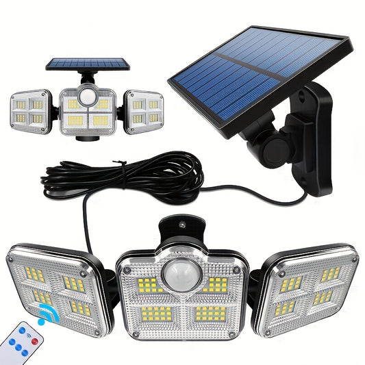 Solar Security Light with Motion Sensor - 3 Head 122 LED Adjustable Light, Semi-Recessed Plastic Wall Sconce, Remote Control, Solar Powered 2400mAh Li-Ion Battery, Non-Removable Photovoltaic Panel - Includes Light Source.