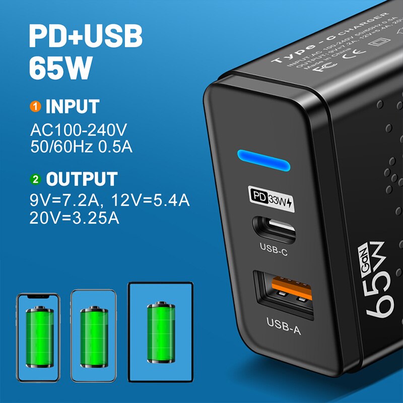 65W 5 Ports GaN USB Quick Charger PD