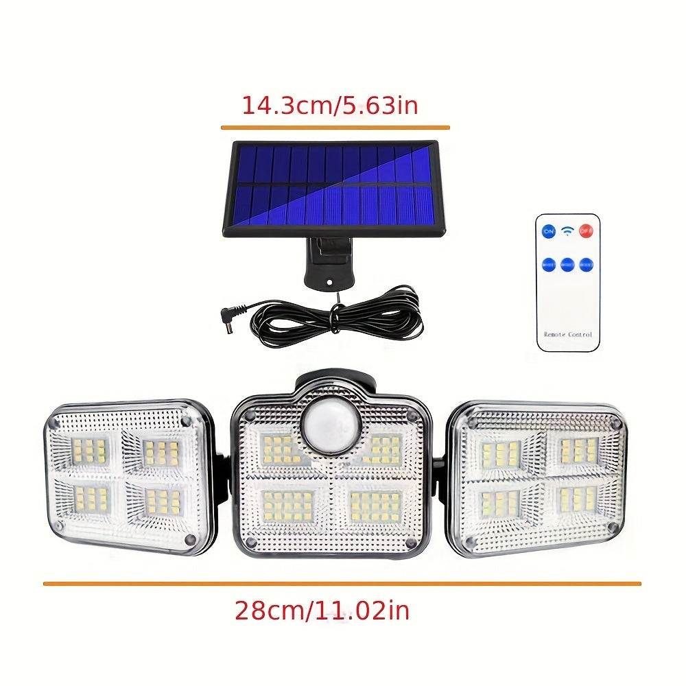 Solar Security Light with Motion Sensor - 3 Head 122 LED Adjustable Light, Semi-Recessed Plastic Wall Sconce, Remote Control, Solar Powered 2400mAh Li-Ion Battery, Non-Removable Photovoltaic Panel - Includes Light Source.